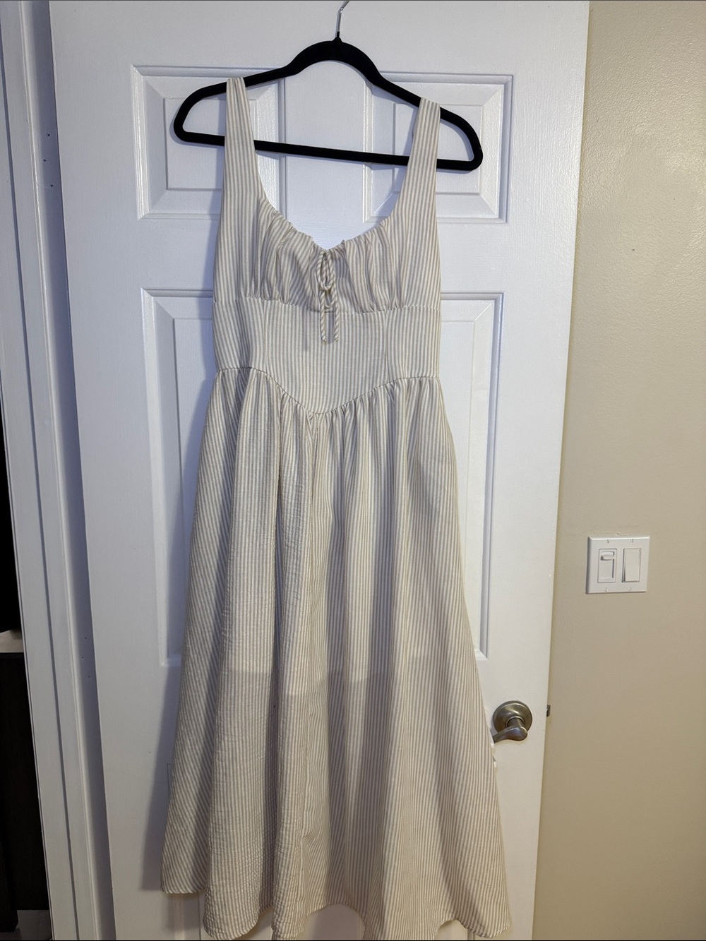 Cream Pinstripe Maxi Sundress with Tie-Front